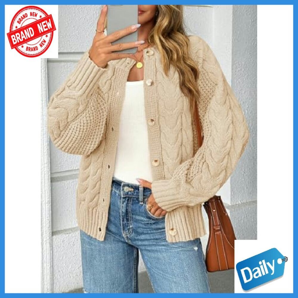 Cable Knit Cardigan Sweater Loose Fit Button Up Crew Neck Long Sleeve - Picture 4 of 8